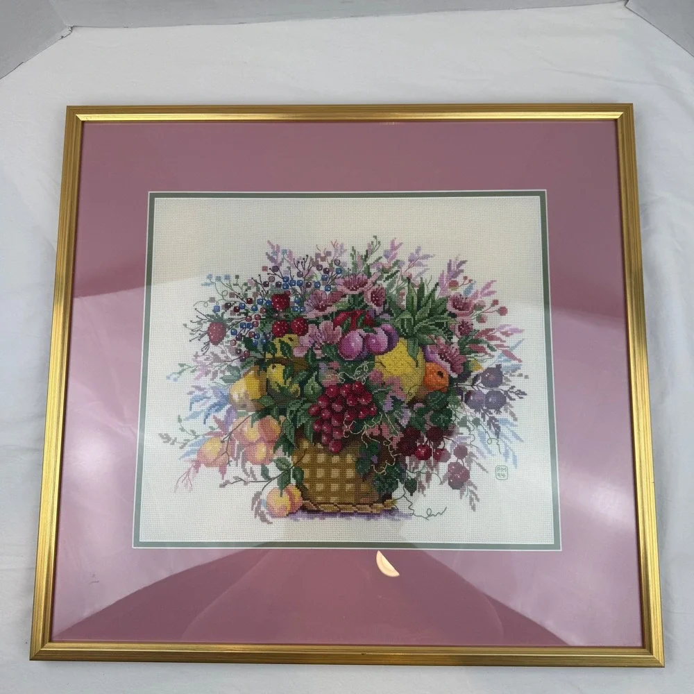 Vintage 1994 Framed Cross Stitch Fruit Basket Floral Embroidery Gold Frame 22.5